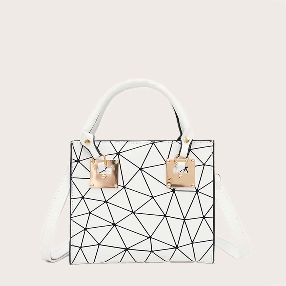 

Geometric Graphic Satchel Bag, Black and white