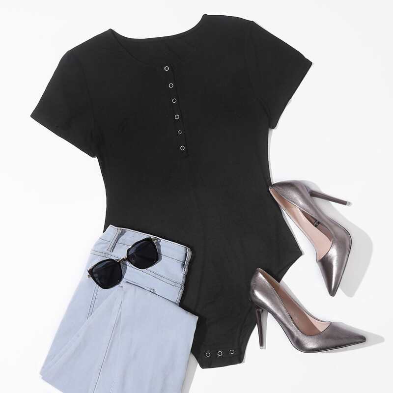

Button Front Tee Bodysuit, Black