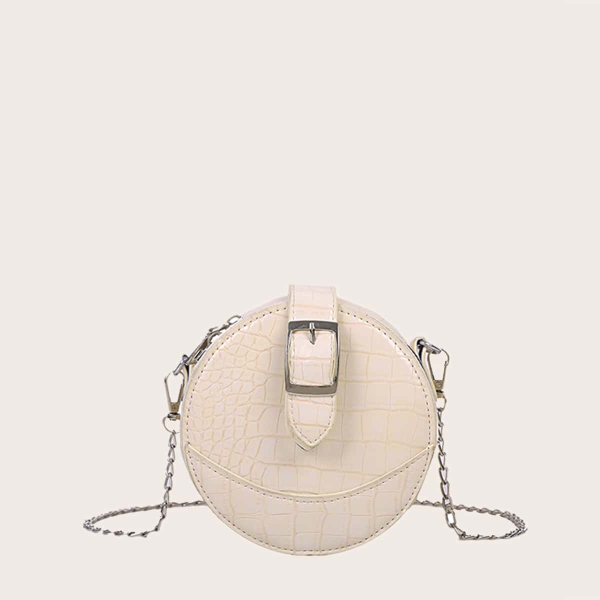 

Croc Embossed Round Chain Bag, Beige