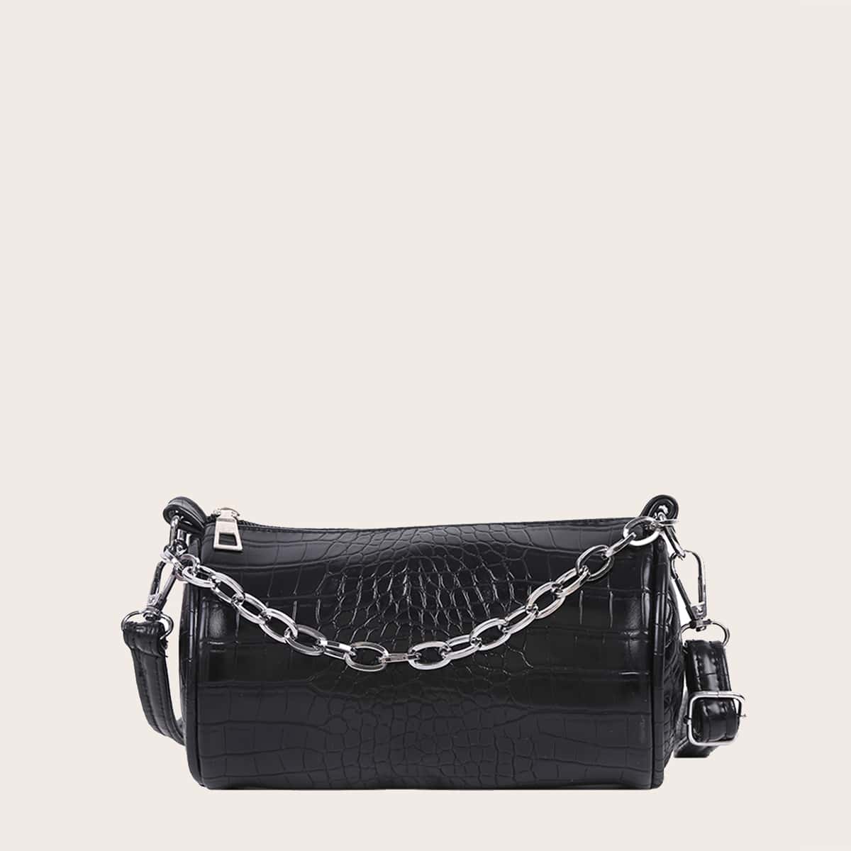 

Croc Embossed Cylindrical Satchel Bag, Black