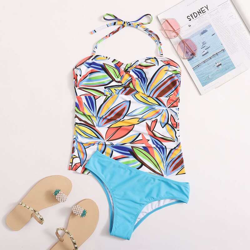 

Leaf Print Halter Bikini Swimsuit, Multicolor