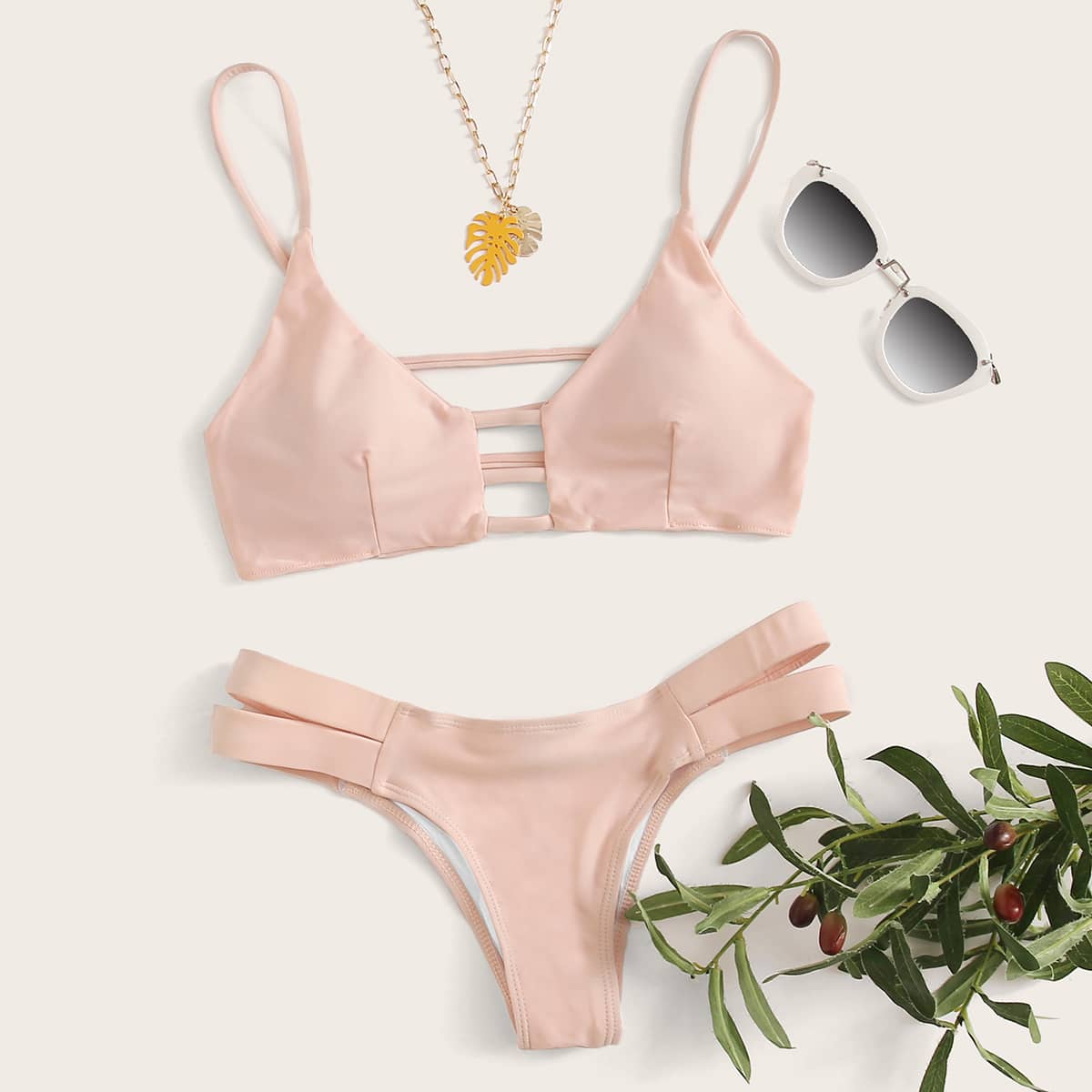 

Ladder Cut-out Bikini Swimsuit, Coral pink