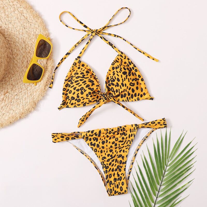 

Allover Graphic Triangle Tanga Bikini Swimsuit, Mustard yellow