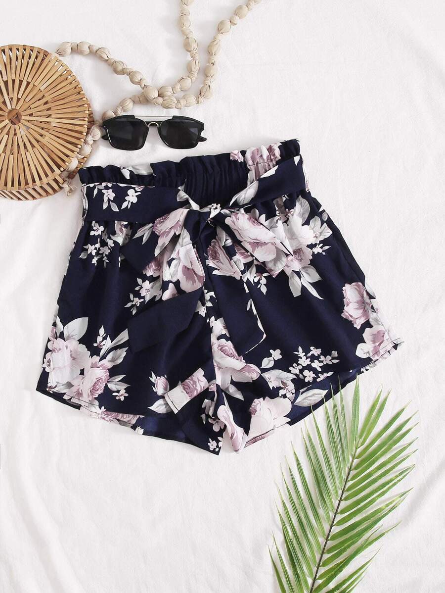 SHEIN VCAY Floral Print Belted Shorts - Navy Blue - View 1