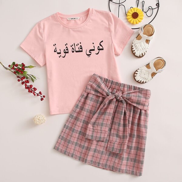 

Girls Letter Graphic Top & Belted Tartan Skirt Set, Pink