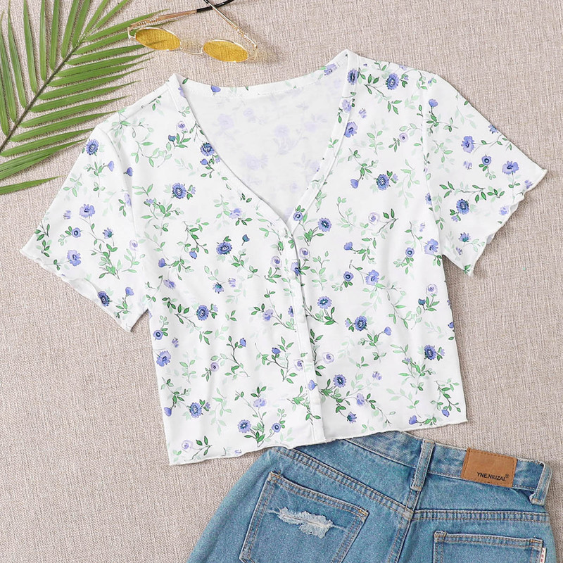 

Floral Button Front Tee, White