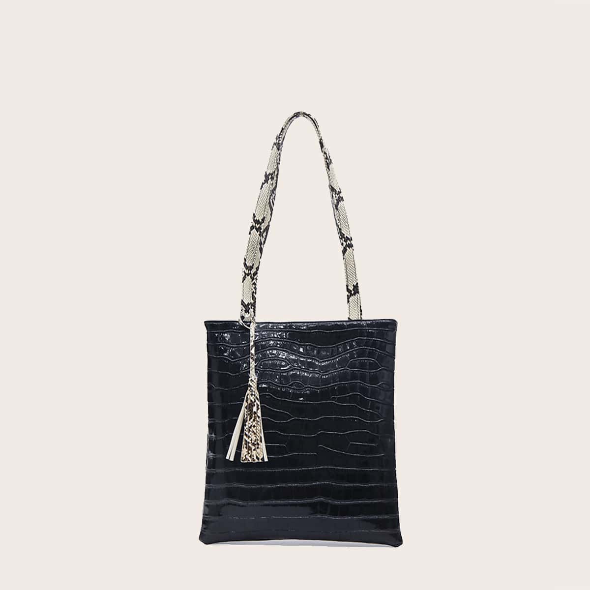 

Croc Embossed Snakeskin Handle Tote Bag, Black