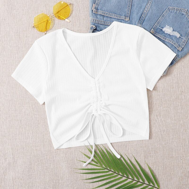 

Ribbed Drawstring Front Tee, White