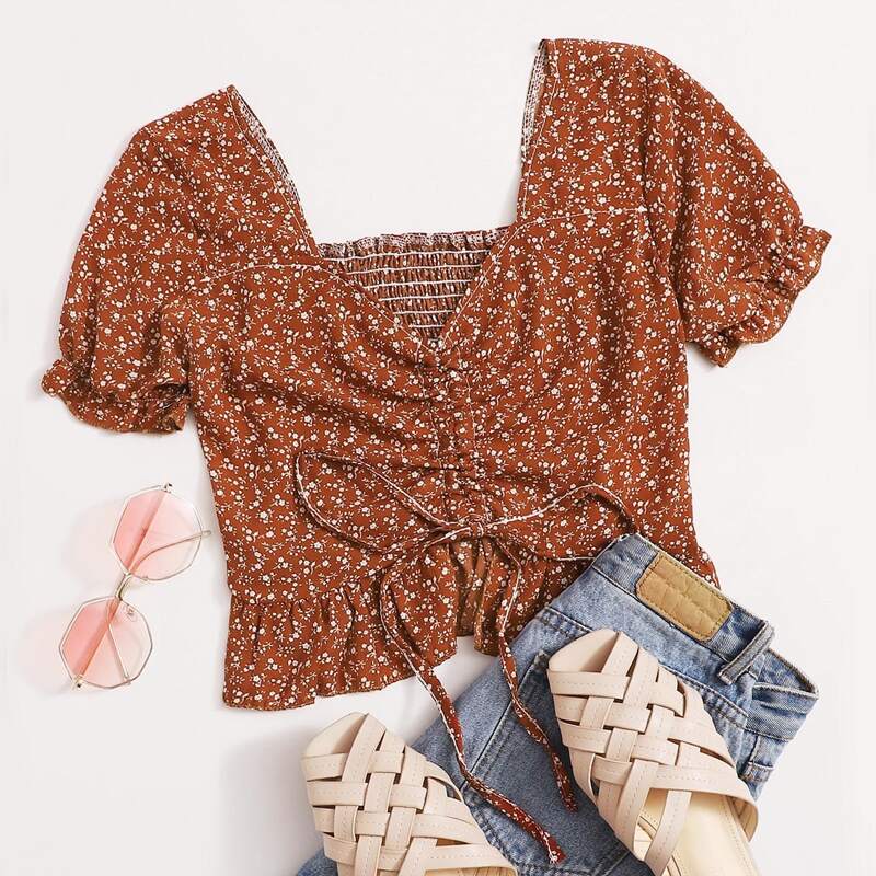 

Chiffon Ditsy Floral Drawstring Top, Brown