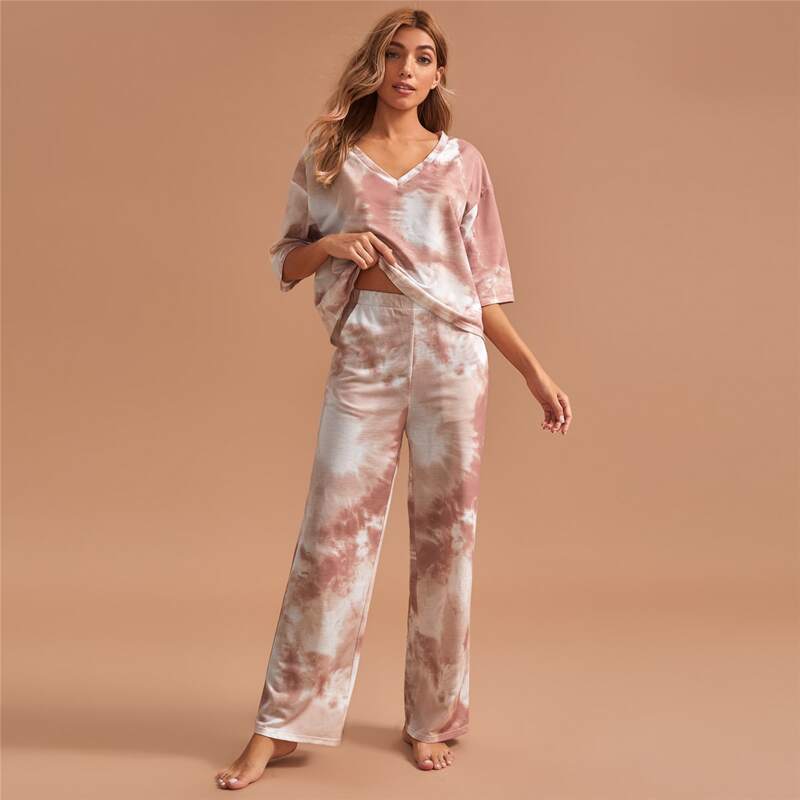

V-neck Tie Dye PJ Set, Multicolor
