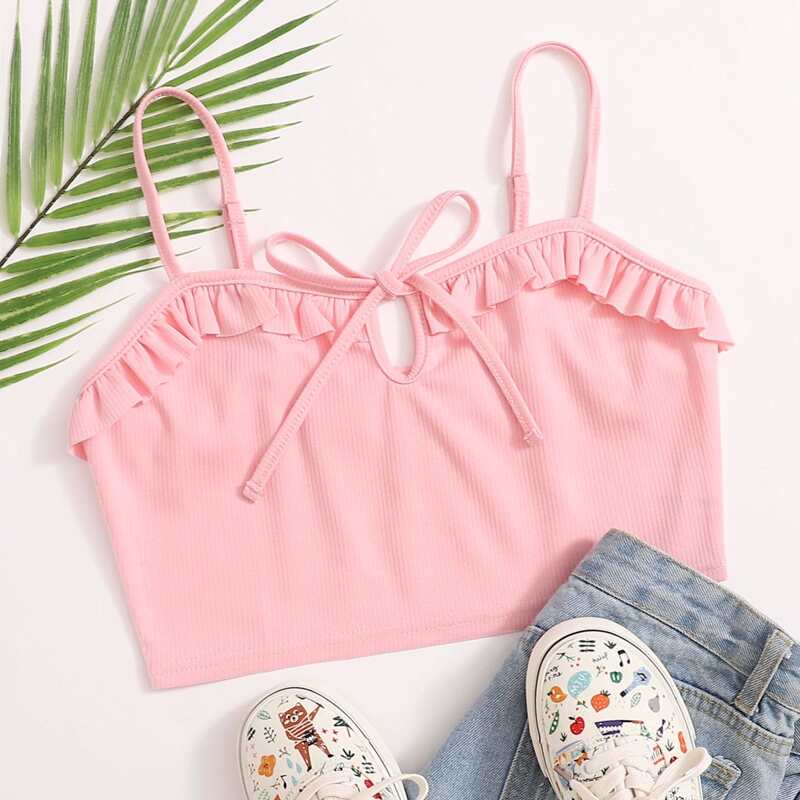 

Tie Front Frill Crop Cami, Pink