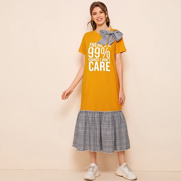 

Big Bow Detail Slogan Graphic Plaid Ruffle Hem Dress, Yellow