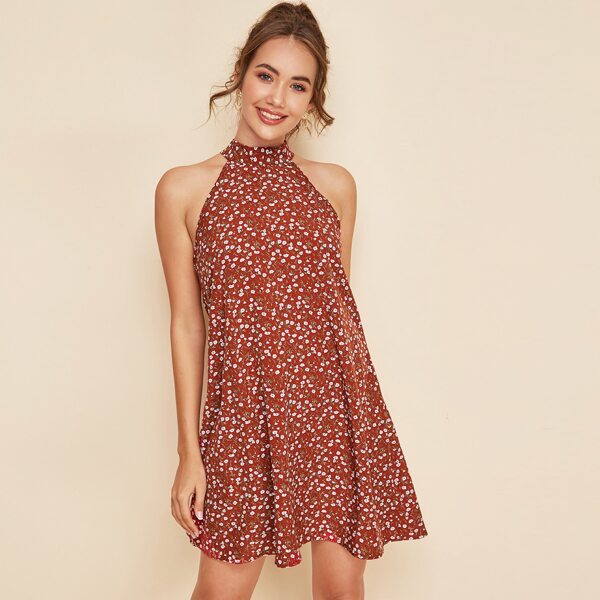 

Tie Back Ditsy Floral Halter Dress, Burgundy