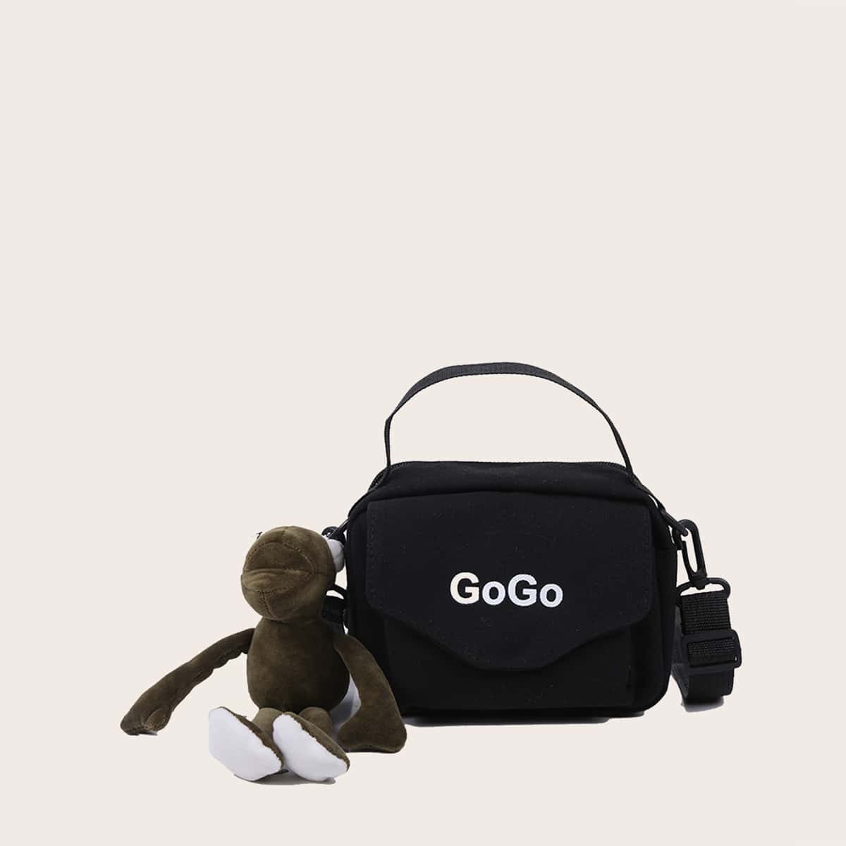 

Letter Graphic Canvas Satchel Bag, Black