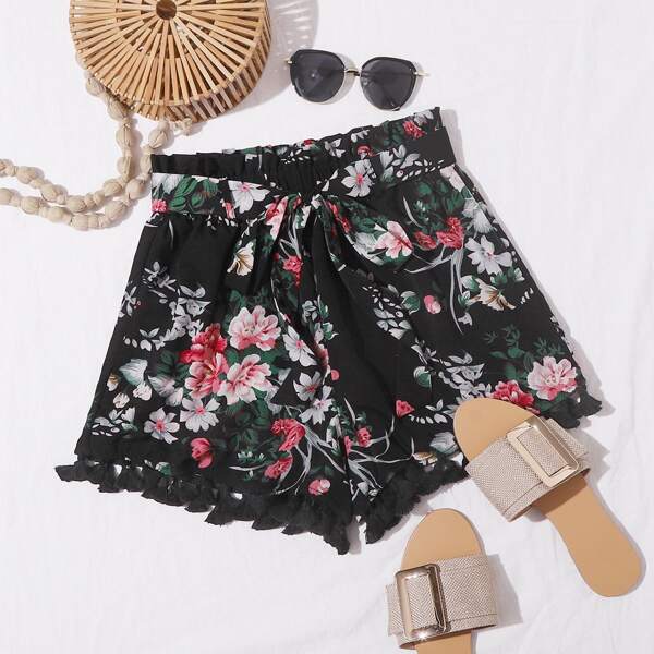 

Paperbag Waist Tassel Hem Floral Shorts, Multicolor