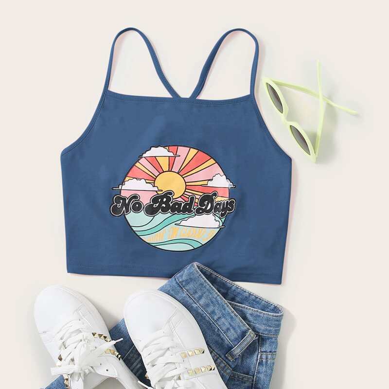 

Letter Graphic Lace Up Back Cami, Blue