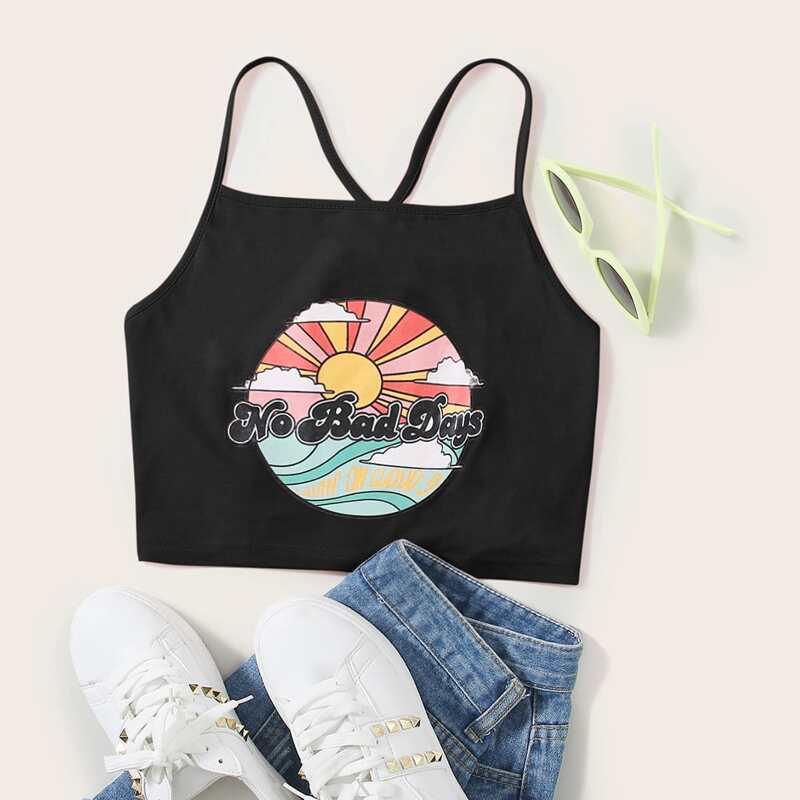 

Letter Graphic Lace Up Back Cami, Black