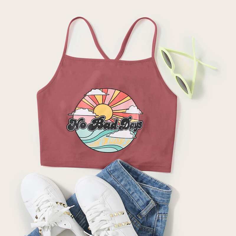 

Letter Graphic Lace Up Back Cami, Red
