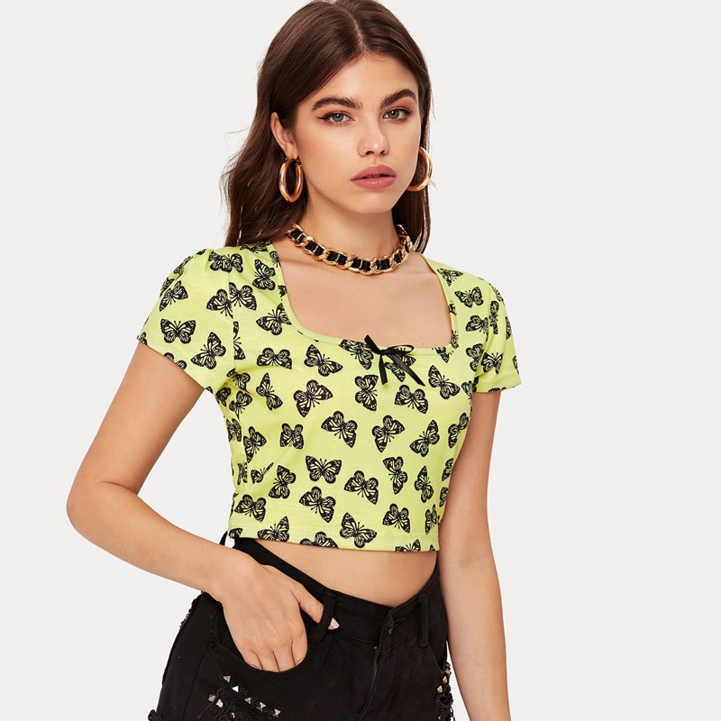 

Butterfly Print Crop Tee, Yellow