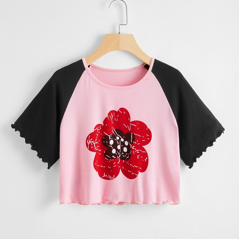 

Flower Graphic Lettuce Trim Crop Tee, Multicolor