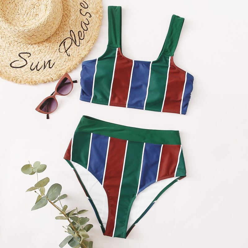 

Striped High Waist Bikini Swimsuit, Multicolor