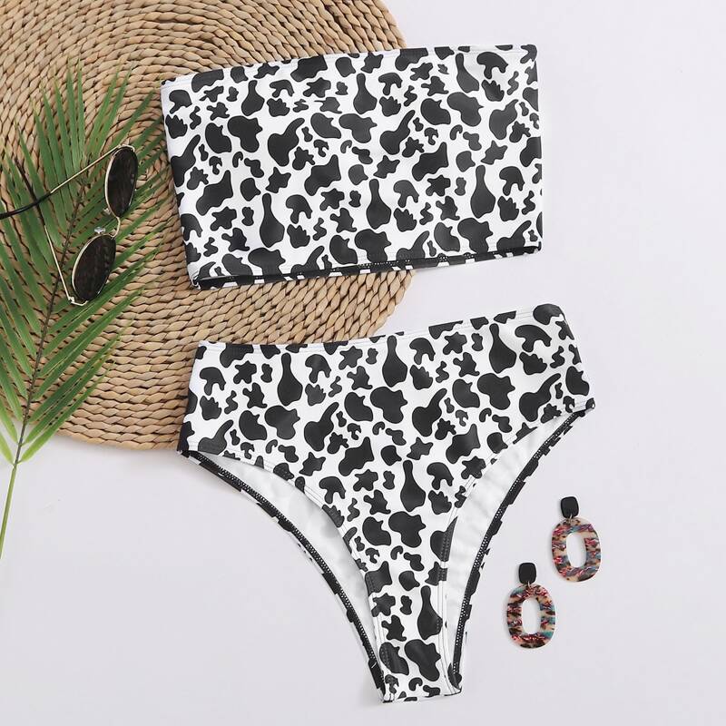 

Cow Print Bandeau Bikini Swimsuit, Black and white