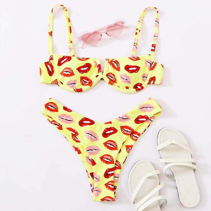 

Lip Print V Wired Underwire Bikini Swimsuit, Multicolor