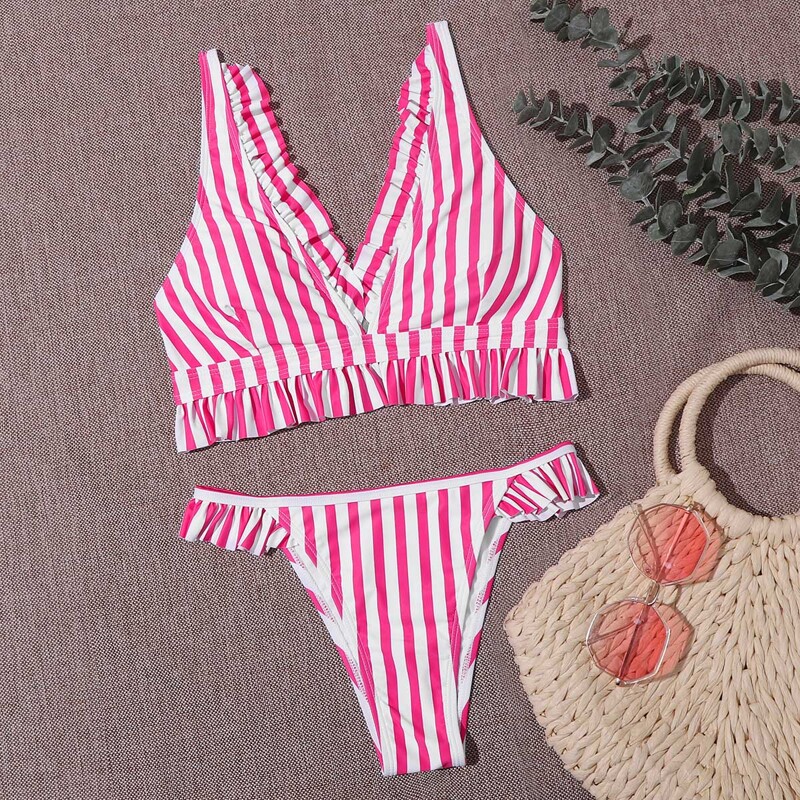

Striped Ruffle Trim Tanga Bikini Swimsuit, Pink