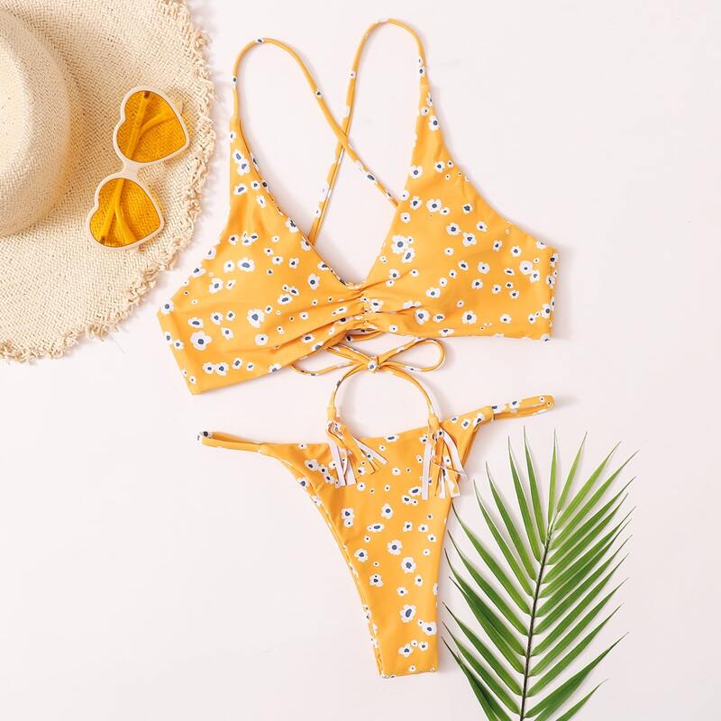 

Ditsy Floral Tie Back Tanga Bikini Swimsuit, Yellow