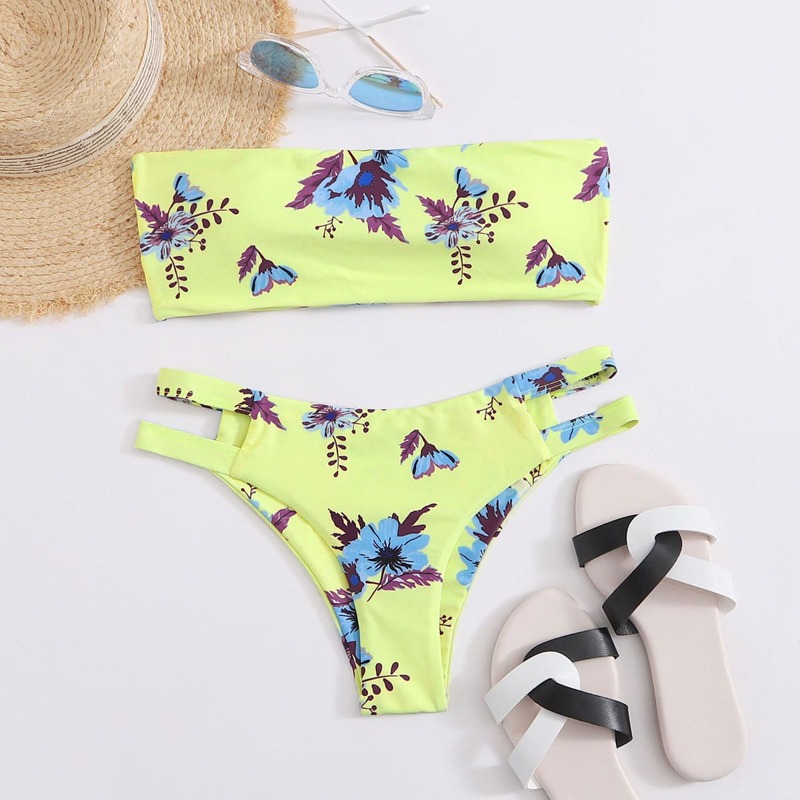 

Floral Cut-out Bandeau Bikini Swimsuit, Yellow