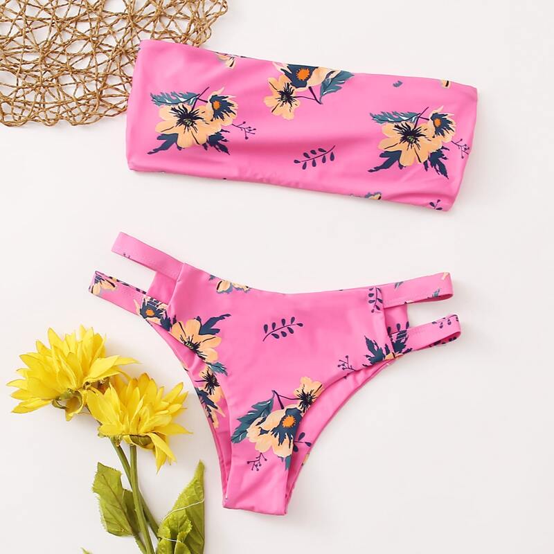 

Floral Cut-out Bandeau Bikini Swimsuit, Pink
