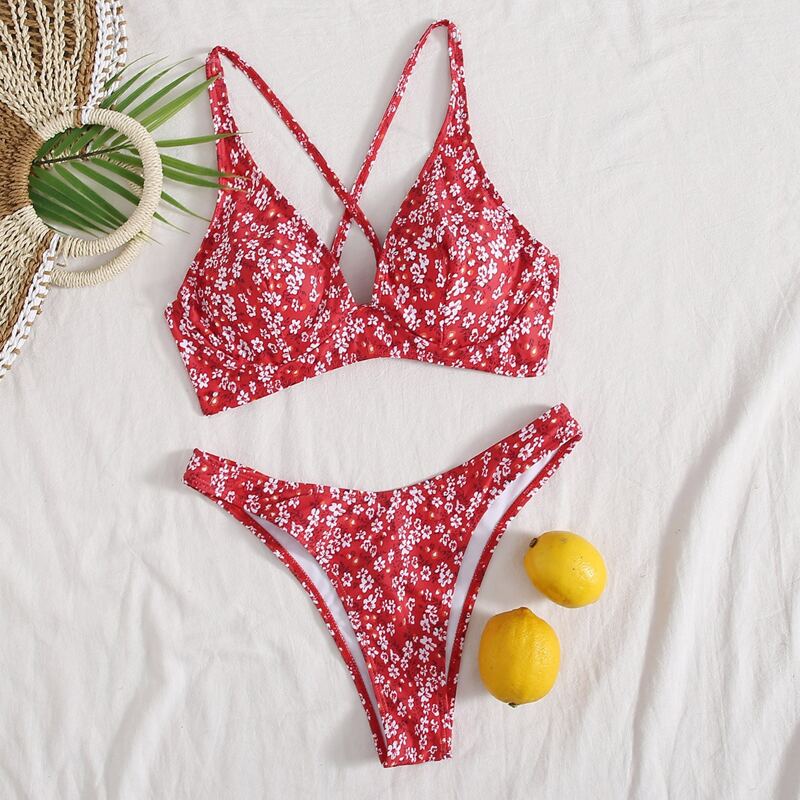 

Ditsy Floral High Leg Bikini Swimsuit, Red