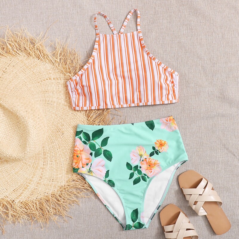 

Striped & Floral High Waist Bikini Swimsuit, Multicolor