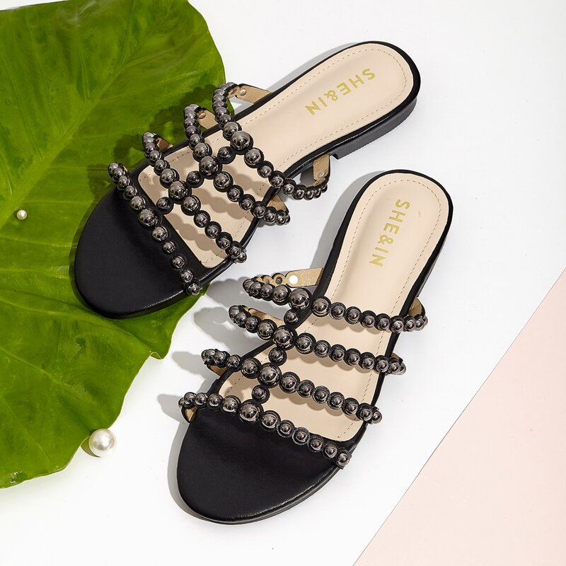 

Open Toe Beaded Decor Sliders, Black