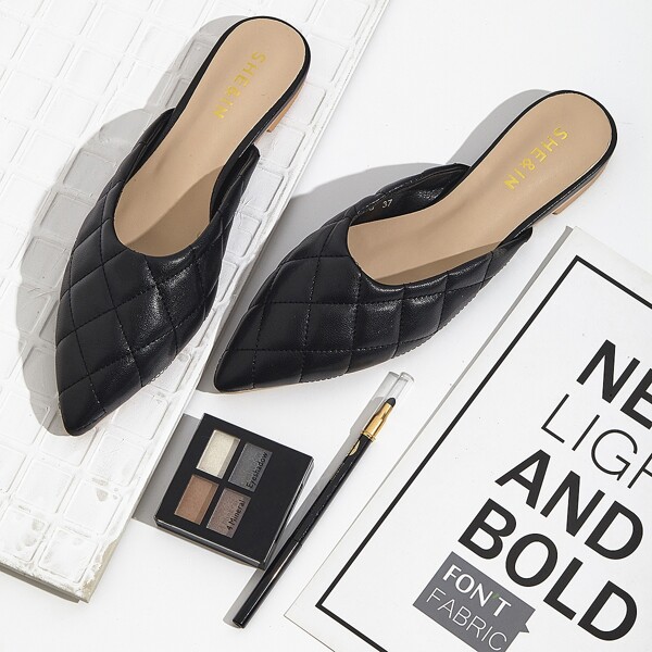 

Point Toe Quilted Flat Mules, Black