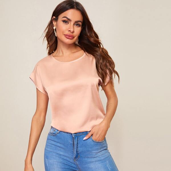 

Batwing Sleeve Solid Satin Top, Pink pastel
