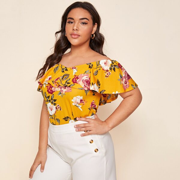 

Plus Off Shoulder Flounce Trim Floral Top, Yellow