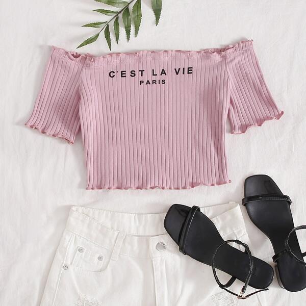 

Lettuce Trim Slogan Graphic Bardot Tee, Pink pastel