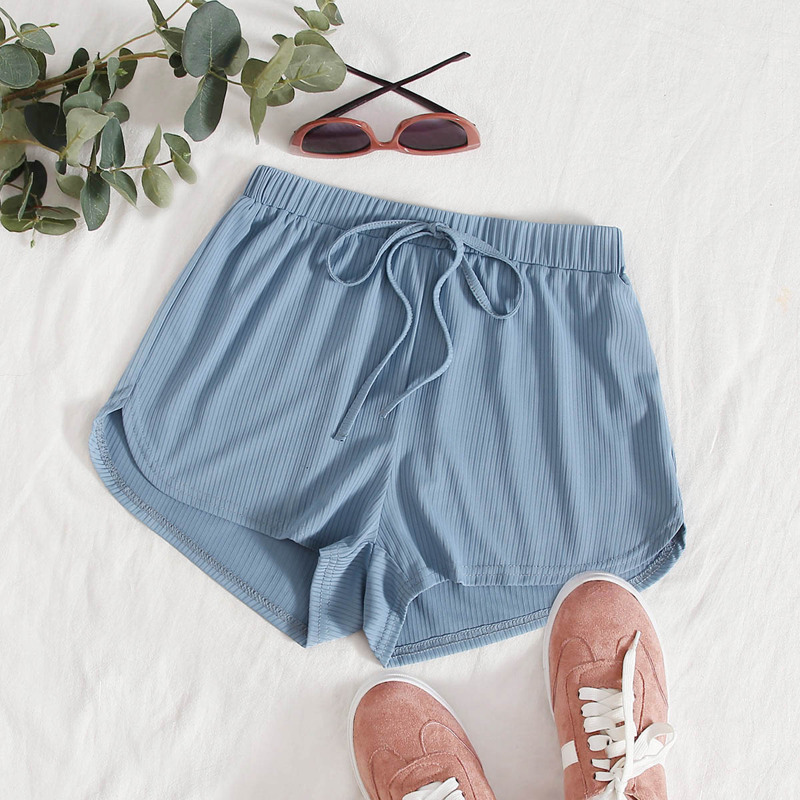 

Tie Waist Rib-knit Track Shorts, Blue