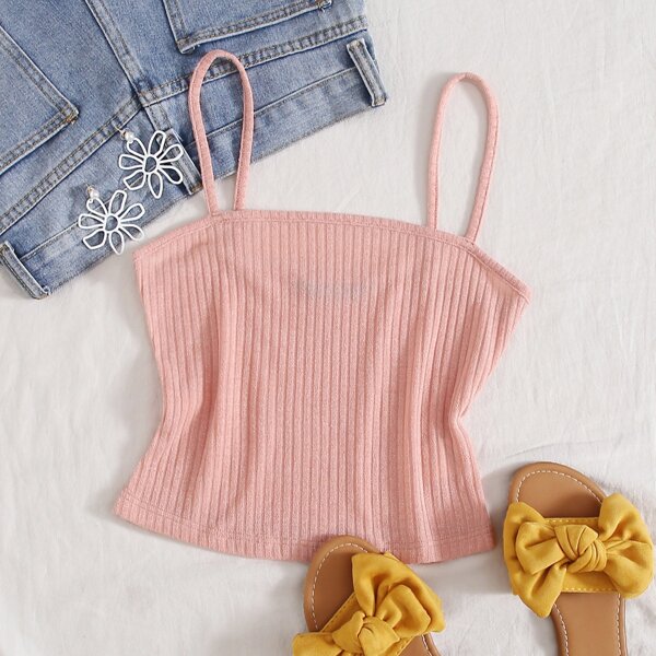 

Solid Rib-knit Crop Cami Top, Pink