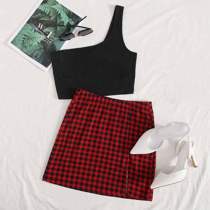 

One Shoulder Crop Top & Buffalo Plaid Skirt Set, Multicolor