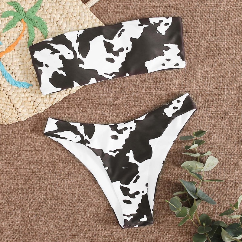 

Cow Print Bandeau Bikini Swimsuit, Black and white