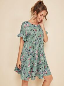 SHEIN Keyhole Back Flounce Sleeve Floral Smock Dress