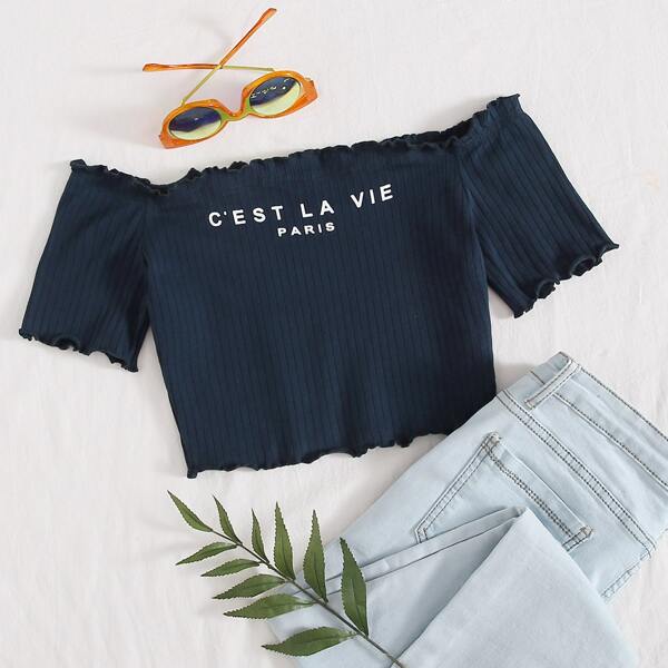 

Off Shoulder Lettuce Trim Letter Graphic Rib-knit Top, Navy blue