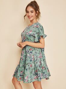 SHEIN Keyhole Back Flounce Sleeve Floral Smock Dress