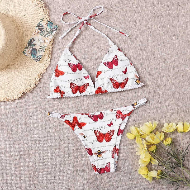 

Butterfly Halter Tanga Bikini Swimsuit, White