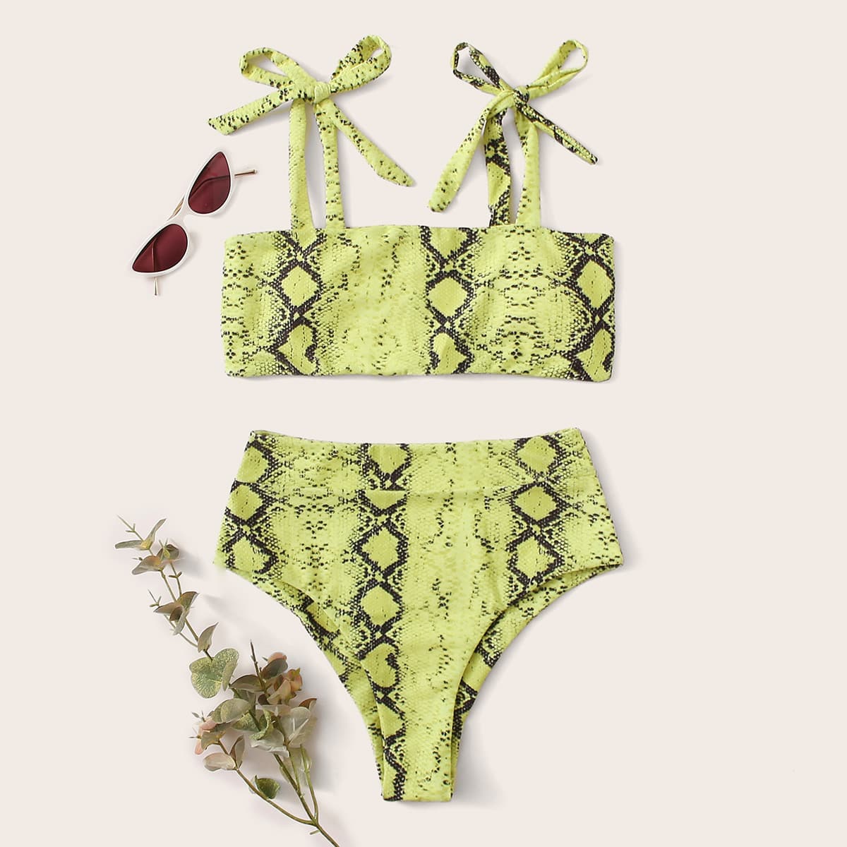 

Snakeskin Tie Shoulder Bikini Swimsuit, Green