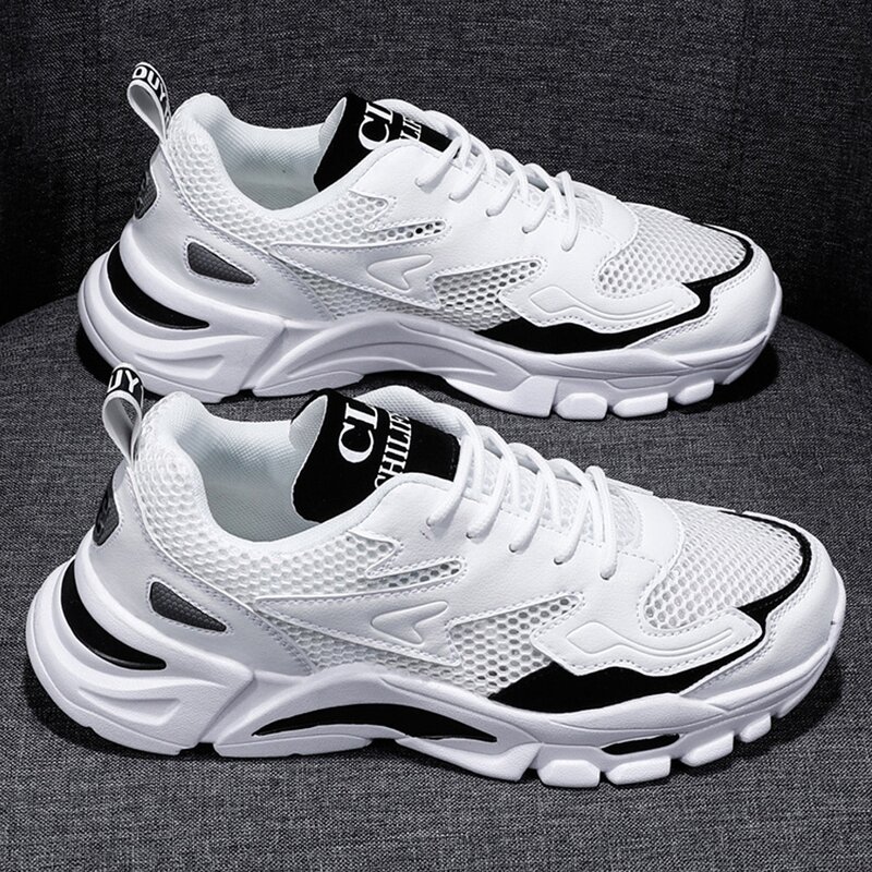 

Lace-up Front Mesh Panel Sneakers, Black and white