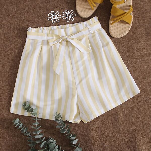 

Wide Leg Belted Striped Shorts, Multicolor