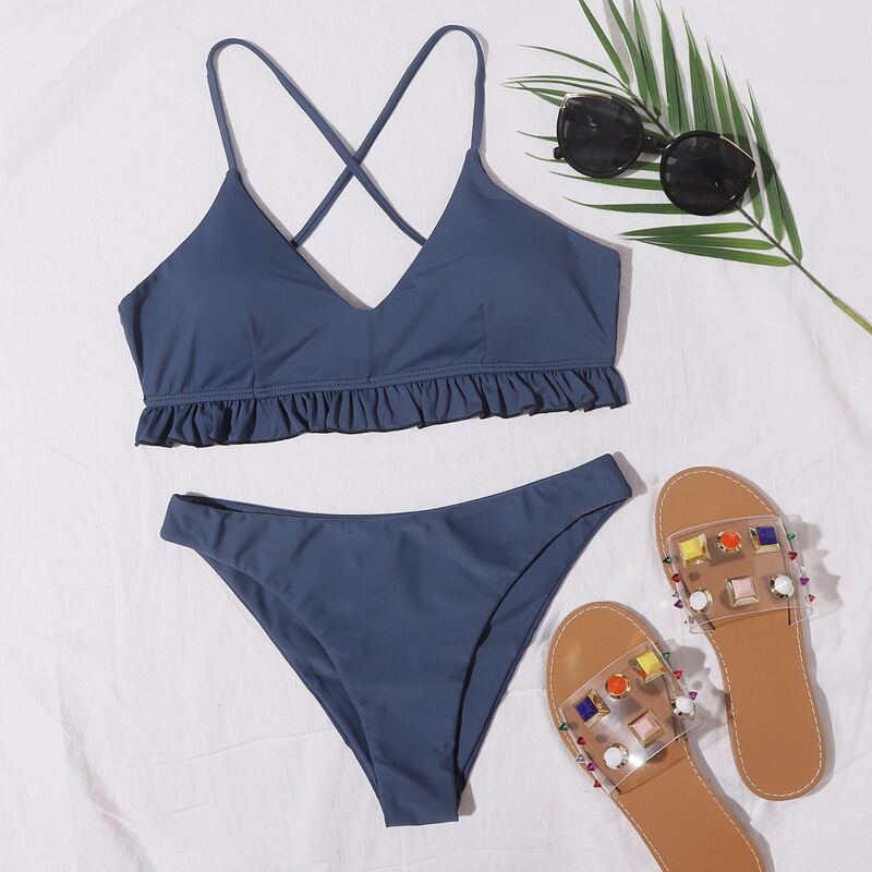 

Criss Cross Ruffle Hem Bikini Swimsuit, Navy